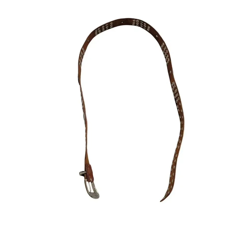 Vintage Brown Leather Studded Concho Belt Four Leaf Clover Silver Tone Boho